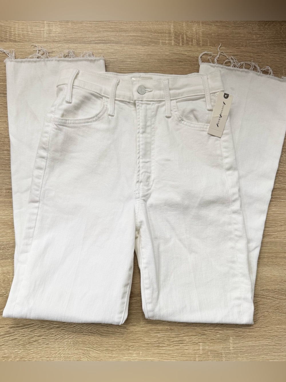 NWT MOTHER The Hustler Ankle Fray Flare Jeans White 25